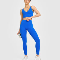 SoftMotion™ High Waisted Leggings with White Logo | Light Cobalt Blue