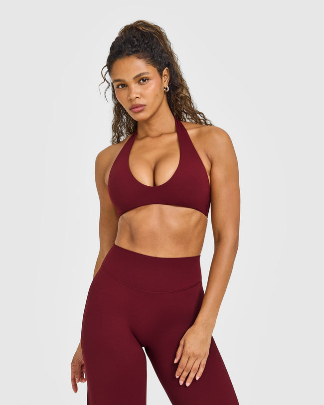 SoftMotion™ Minimal Halter Neck Bralette with White Logo | Light Rosewood