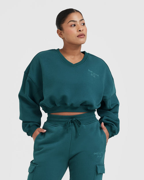 Oner Modal All Day Est 2020 Crop V-Neck Sweatshirt | Marine Teal