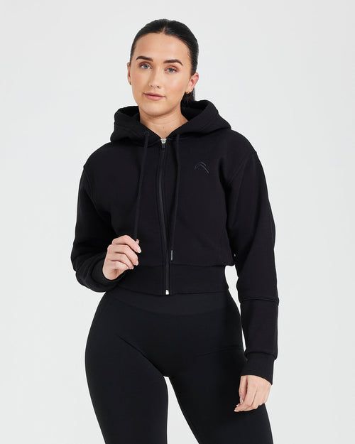 Oner Modal Classic Lounge Cropped Zip Through Hoodie | Black