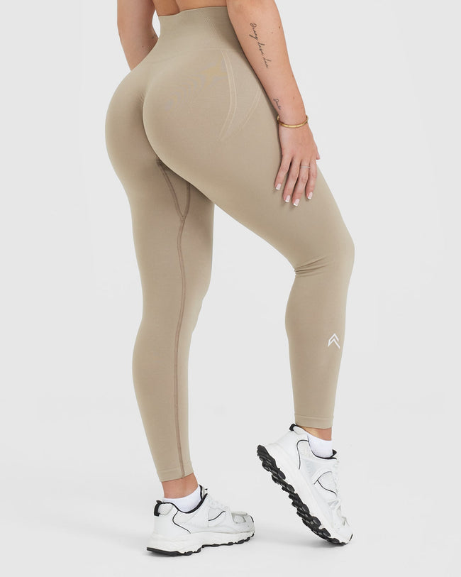 Effortless Seamless Leggings with White Logo | Washed Sandstone