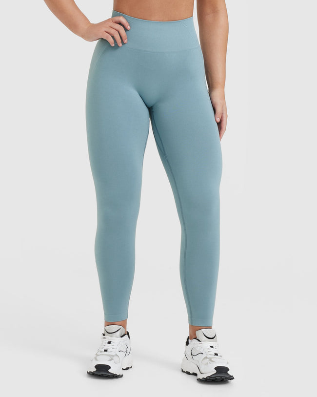 Effortless Seamless Leggings with White Logo | Steel Blue