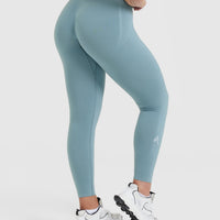 Effortless Seamless Leggings with White Logo | Steel Blue