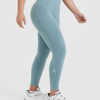 Effortless Seamless Leggings with White Logo | Steel Blue