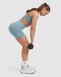 Effortless Seamless Shorts with White Logo | Steel Blue