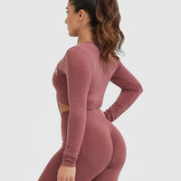 Effortless Square Neck Crop Long Sleeve Top with White Logo | Berry