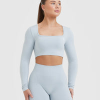Effortless Square Neck Crop Long Sleeve Top with White Logo | Ice Blue
