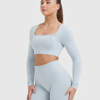 Effortless Square Neck Crop Long Sleeve Top with White Logo | Ice Blue