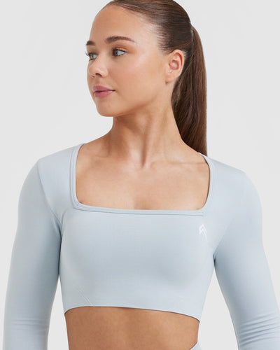 Effortless Square Neck Crop Long Sleeve Top with White Logo | Ice Blue