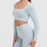 Effortless Square Neck Crop Long Sleeve Top with White Logo | Ice Blue