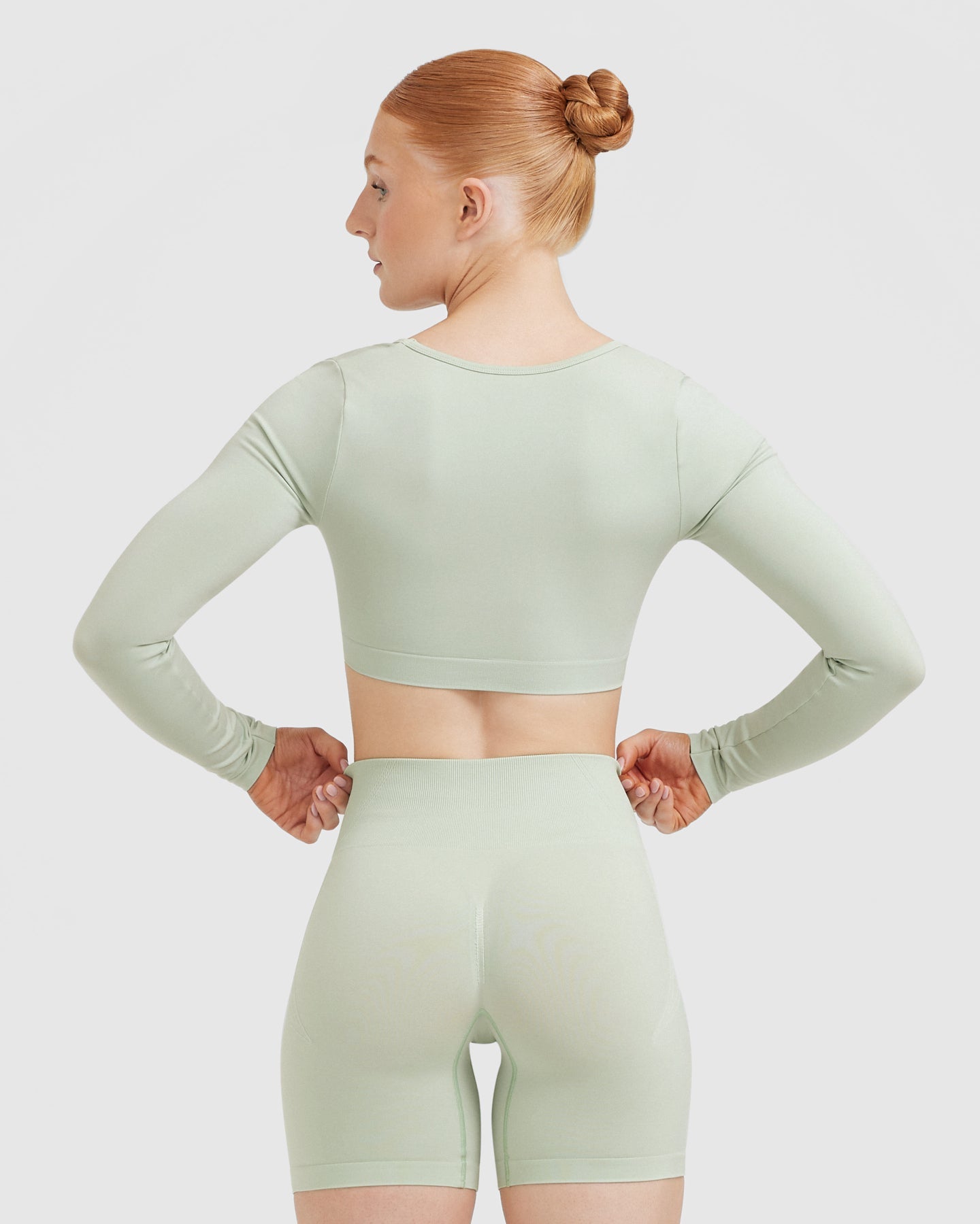 Effortless Square Neck Crop Long Sleeve Top with White Logo | Tea Green