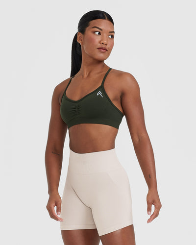 Effortless Strappy Bralette with White Logo | Khaki