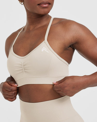 Effortless Strappy Bralette with White Logo | Sand