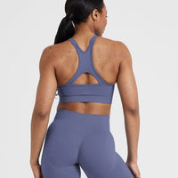 Effortless Seamless High Neck Bralette with White Logo | Slate Blue