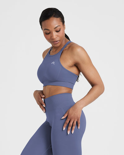 Effortless Seamless High Neck Bralette with White Logo | Slate Blue