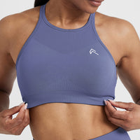 Effortless Seamless High Neck Bralette with White Logo | Slate Blue