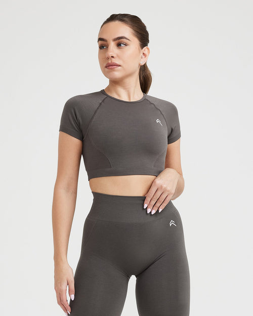 Oner Modal Effortless Seamless Short Sleeve Crop Top with White Logo | Deep Taupe