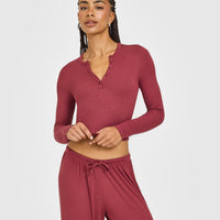 At Home Night Button Down Long Sleeve Top | Burnt Maroon Red