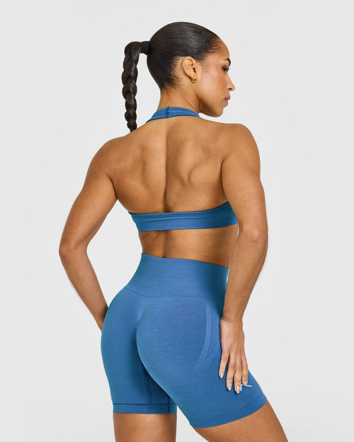 Effortless Seamless Halter Neck Sports Bra with White Logo | Ocean Blue