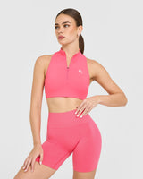 EasyLift™ Zip High Neck Sports Bra with White Logo | Hot Girl Pink