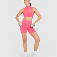EasyLift™ Zip High Neck Sports Bra with White Logo | Hot Girl Pink