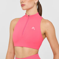 EasyLift™ Zip High Neck Sports Bra with White Logo | Hot Girl Pink