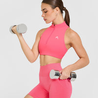 EasyLift™ Zip High Neck Sports Bra with White Logo | Hot Girl Pink