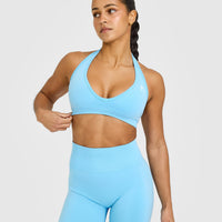 EffortlessLift™ Seamless Halter Neck Sports Bra with White Logo | Arctic Blue
