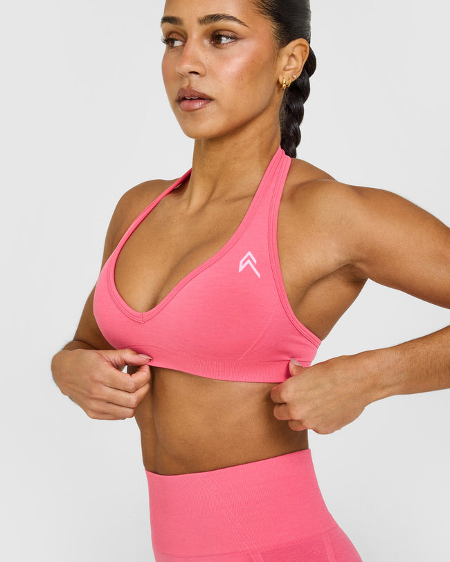 Effortless Seamless Halter Neck Sports Bra with White Logo | Hot Girl Pink