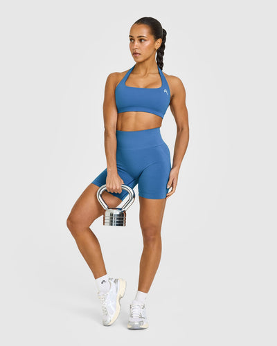 Effortless Seamless Shorts with White Logo | Ocean Blue