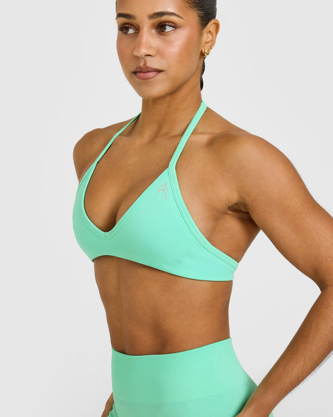 EnhanceLift™ Seamless Minimal Halter Neck Bralette with White Logo | Peppermint Green