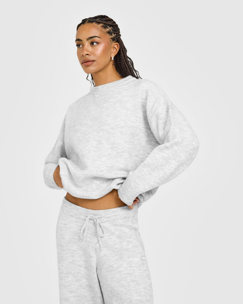 Oversized Knit Crew Neck Sweatshirt | Light Grey Marl