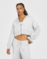 Oversized Knit Zip Through Mid Hoodie | Light Grey Marl
