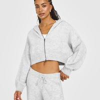 Oversized Knit Zip Through Mid Hoodie | Light Grey Marl