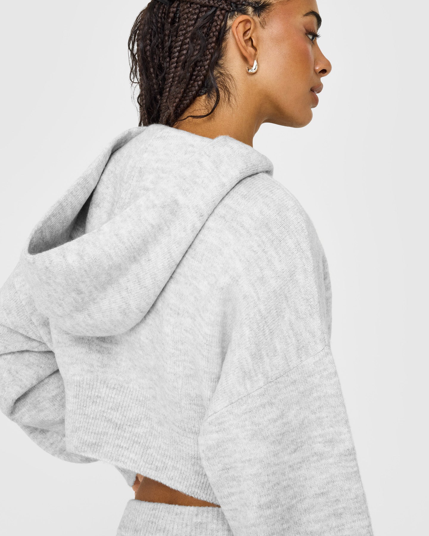 Oversized Knit Zip Through Mid Hoodie | Light Grey Marl