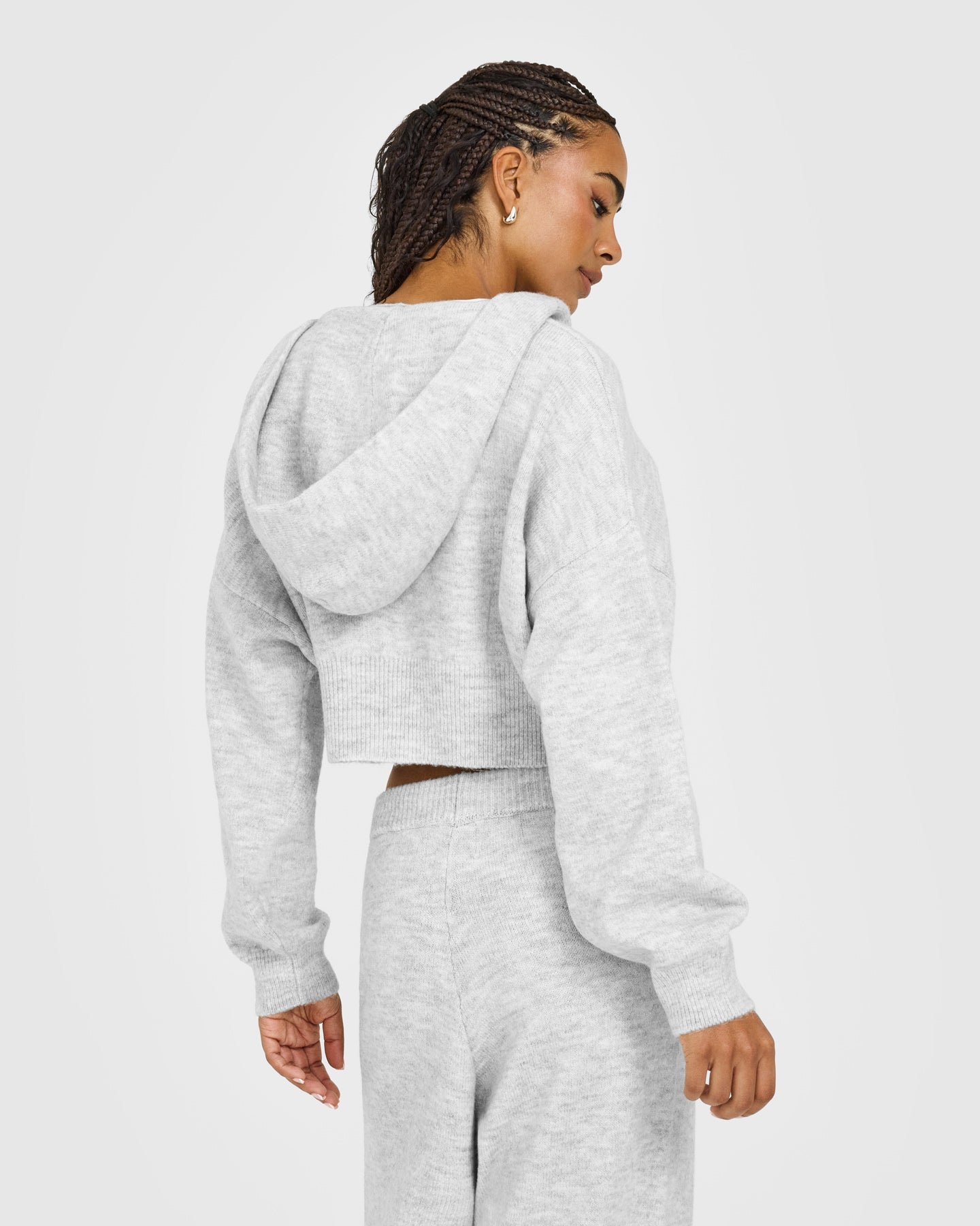Oversized Knit Zip Through Mid Hoodie | Light Grey Marl