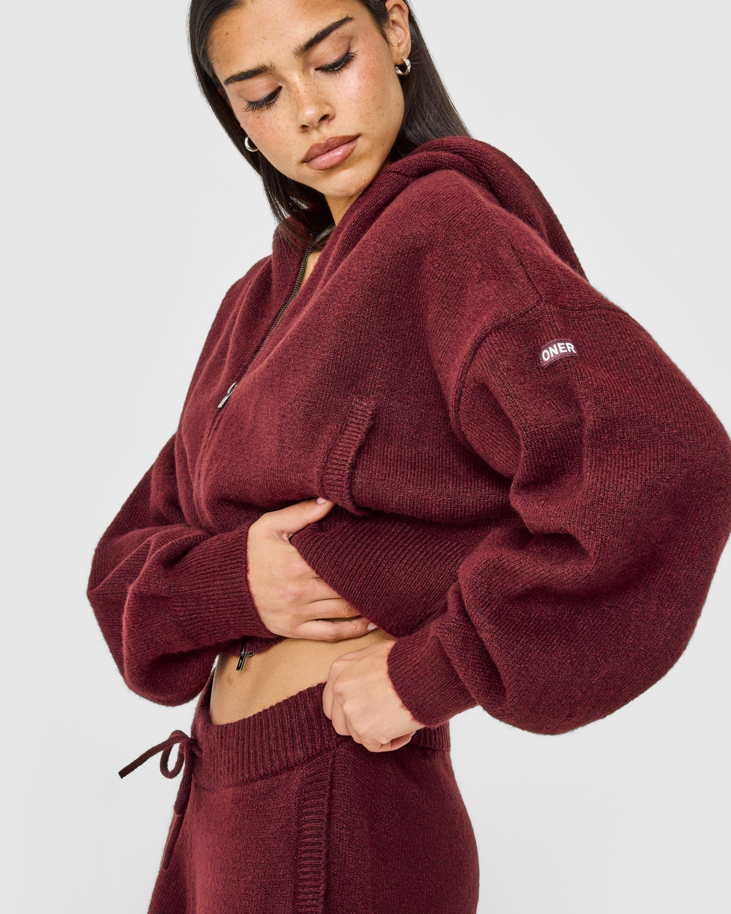 Oversized Knit Zip Through Mid Hoodie | Rosewood