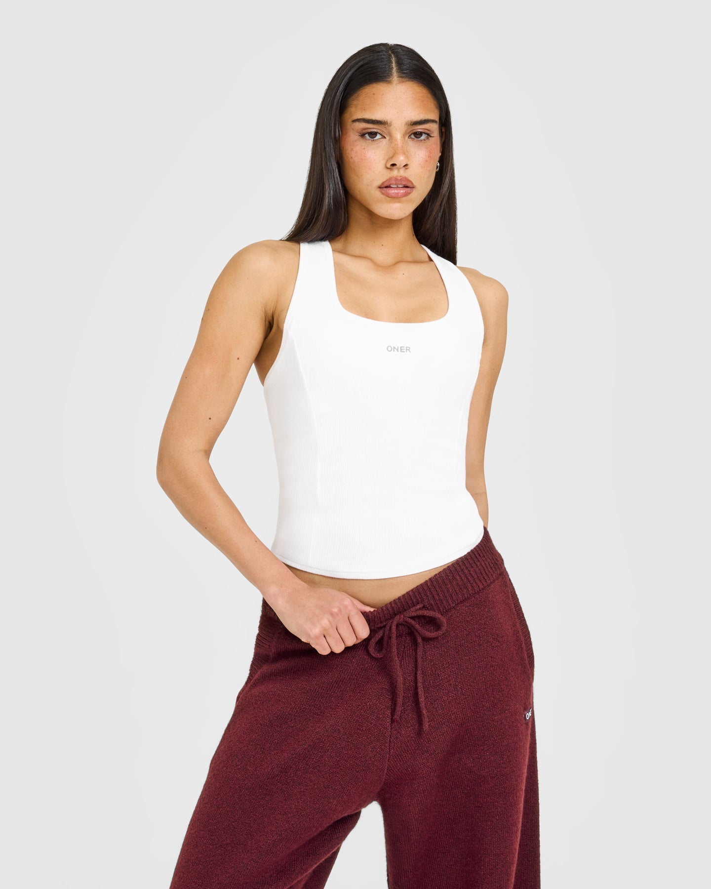 Mellow™ Rib Oner Embroidered Square Neck Vest with Built in Bra Shelf | White