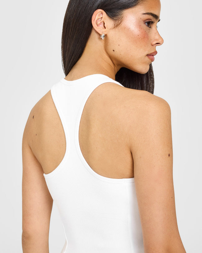 Mellow™ Rib Oner Embroidered Square Neck Vest with Built in Bra Shelf | White
