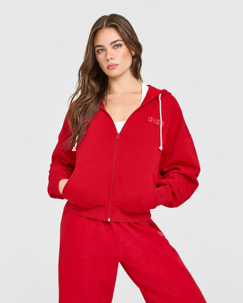 Oner Modal Raw Lounge Oversized Zip Hoodie | Washed Fiery Red