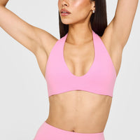 SoftMotion™ Minimal Halter Neck Bralette with White Logo | Rose Pink