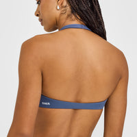 SoftMotion™ Minimal Halter Neck Bralette with White Logo | Slate Blue