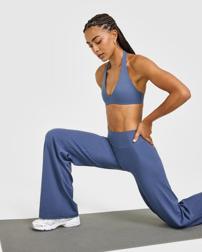 SoftMotion™ Minimal Halter Neck Bralette with White Logo | Slate Blue