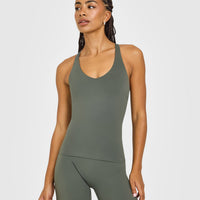 SoftMotion™ Racer Back Vest with Built in Bra Shelf with White Logo | Dark Khaki