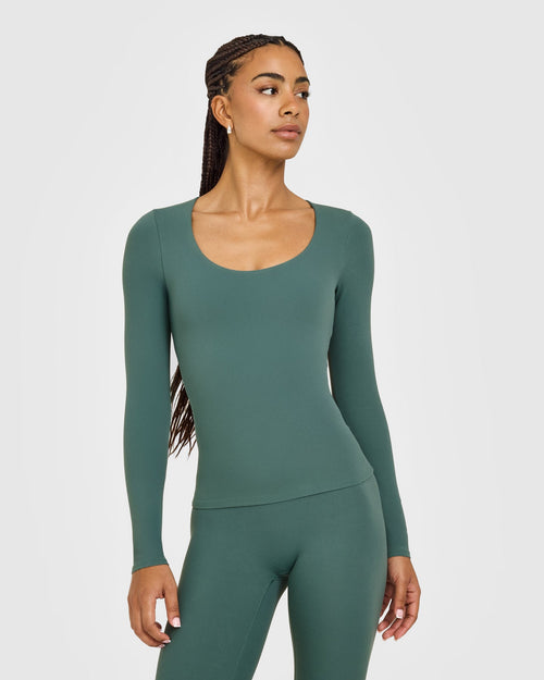 Oner Modal SoftMotion™ Scoop Neck Long Sleeve Top with Built in Bra Shelf with White Logo | Iced Green