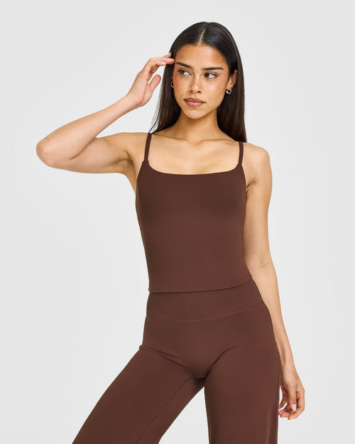 Oner Modal SoftMotion™ Strappy Mid Vest with Built in Bra Shelf with White Logo | Espresso Brown