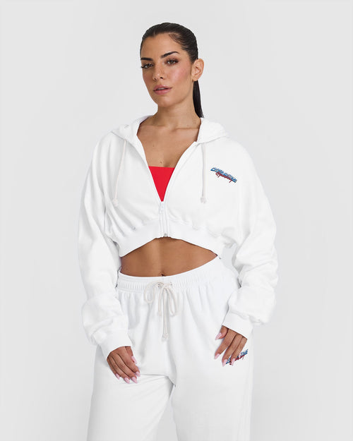 Oner Modal Raw Lounge Crop Zip Through Hoodie with Graphic | White