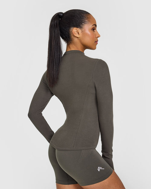 Mellow™ Rib Mock Neck Long Sleeve Top | Deep Taupe
