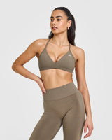 EasyLift™ Ultra Minimal V Neck Bralette with White Logo | Moss Brown