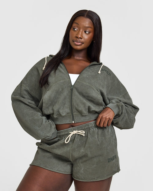 Oner Modal Raw Lounge Oversized Zip Hoodie | Washed Dark Khaki